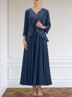 Vestido de gasa para madre de la novia, corte A, escote en V, largo hasta los tobillos, con apliques de lentejuelas, encaje y cuentas