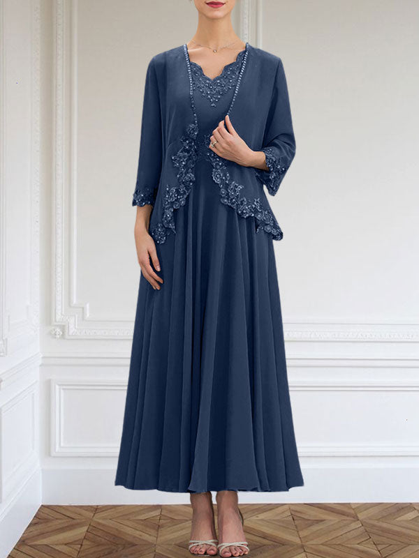 Vestido de gasa para madre de la novia, corte A, escote en V, largo hasta los tobillos, con apliques de lentejuelas, encaje y cuentas