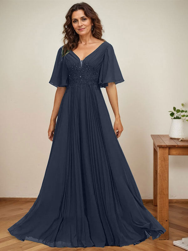 Vestido de gasa para madre de la novia, corte A, escote en V, largo hasta el suelo, con apliques de lentejuelas y encaje plisado