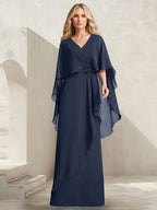 Vestido de gasa para madre de la novia con escote en V, corte A y largo hasta el suelo, con volantes en cascada y cuentas