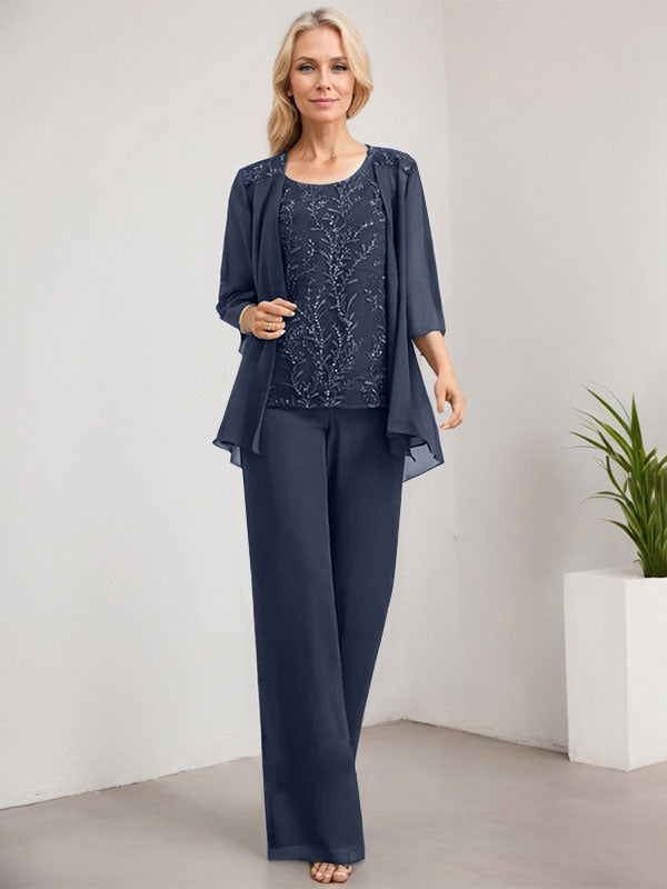 Vestido de madre de la novia de gasa con encaje, largo hasta el suelo, con lentejuelas y mono/pantalón separado