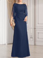Vestido de gasa para madre de la novia con corte tubo/columna, escote redondo y largo hasta el suelo, con cuentas plisadas