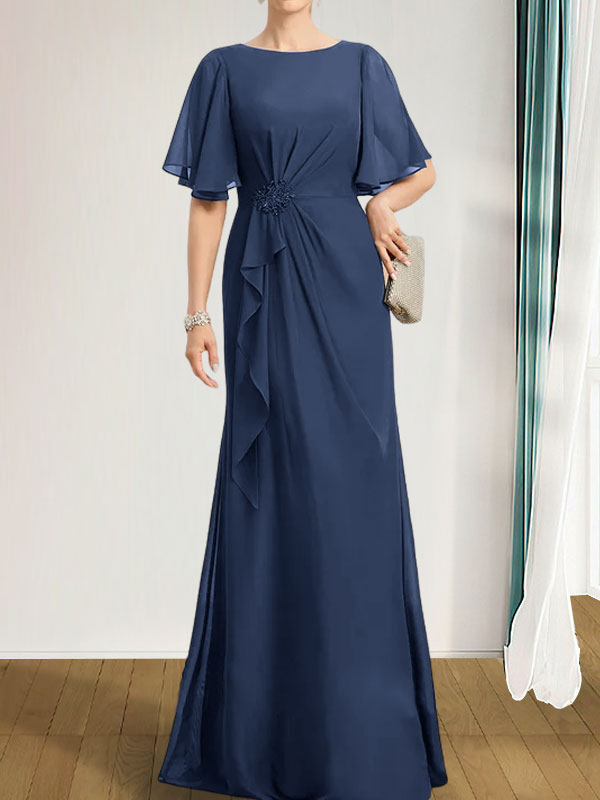 Vestido de gasa para madre de la novia, corte A, escote redondo, largo hasta el suelo, con volantes en cascada, cuentas y lentejuelas