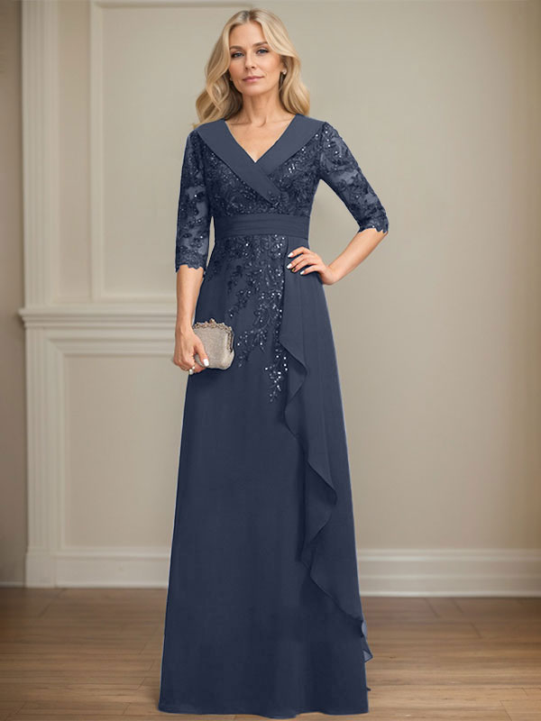 A-Linien-Kleid mit Kragen, V-Ausschnitt, bodenlanges Chiffon-Spitzenkleid für die Brautmutter mit Pailletten und kaskadierenden Rüschen 