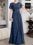 Vestido de gasa para madre de la novia con corte en A, escote redondo y largo hasta el suelo, con cuentas plisadas