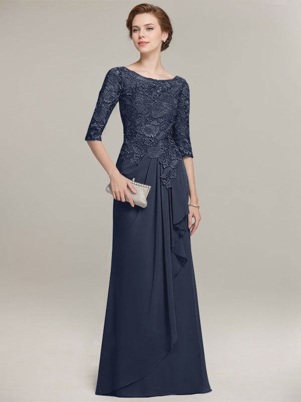 Vestido de gasa con encaje, corte A, escote ilusión, largo hasta el suelo, para madre de la novia con volantes en cascada