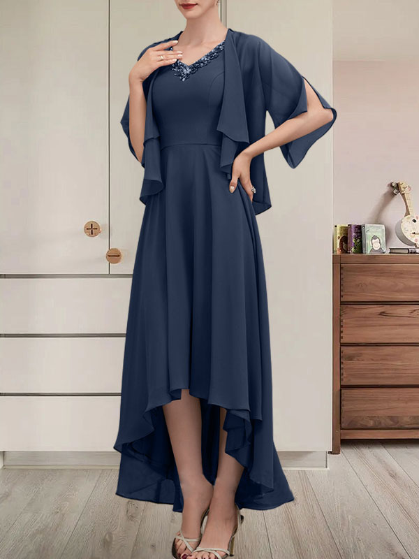 A-Linien-Kleid mit V-Ausschnitt, asymmetrischem Chiffon für die Brautmutter mit Perlen und Pailletten