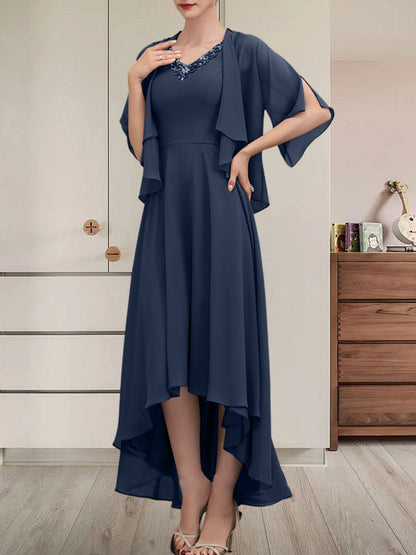 A-Linien-Kleid mit V-Ausschnitt, asymmetrischem Chiffon für die Brautmutter mit Perlen und Pailletten