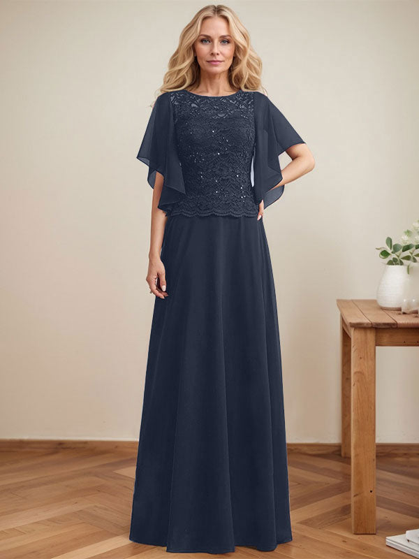 Vestido de gasa con encaje y lentejuelas para madre de la novia, corte A, escote ilusión, largo hasta el suelo