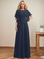 Vestido de gasa con encaje y lentejuelas para madre de la novia, corte A, escote ilusión, largo hasta el suelo