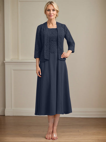 A-line Scoop Tea-Length Lace Chiffon Mother of the Bride Dress