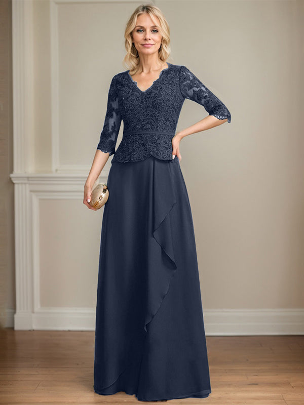 Vestido de madre de la novia de gasa con encaje, escote en V, largo hasta el suelo, con volantes en cascada y lentejuelas