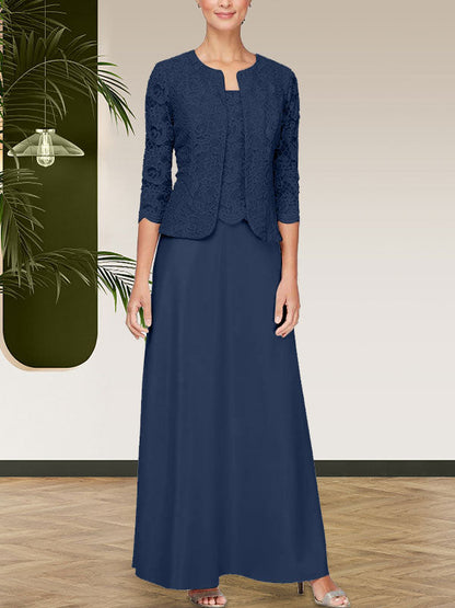 Jackenkleid aus Glitzerspitze und Satinrock mit offener Jacke