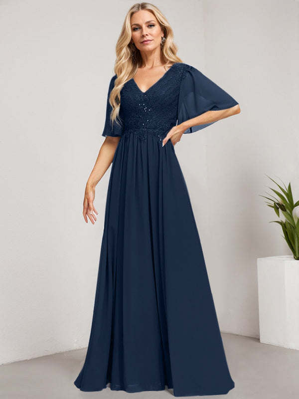 Vestido de madre de la novia de gasa con encaje, escote en V y lentejuelas, largo hasta el suelo
