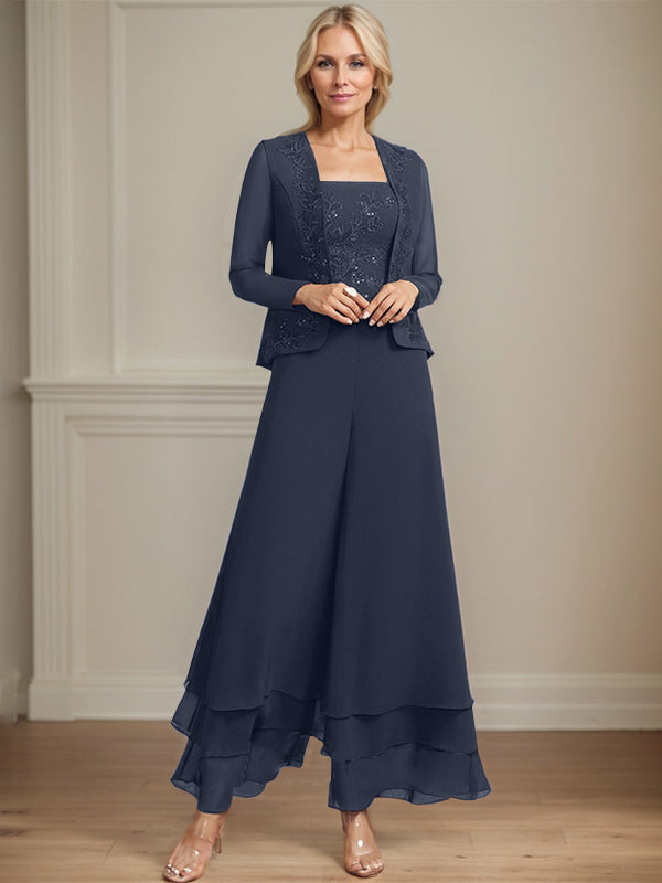 Vestido de madre de la novia de gasa con encaje y lentejuelas, largo hasta los tobillos, con mono/pantalón separado