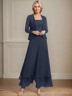 Vestido de madre de la novia de gasa con encaje y lentejuelas, largo hasta los tobillos, con mono/pantalón separado