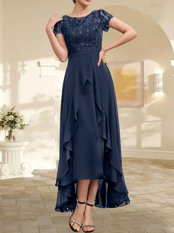 Vestido de madre de la novia de gasa asimétrica con escote en A, ilusión, encaje, lazo, volante y lentejuelas