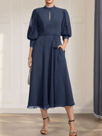 A-line High Neck Tea-Length Lace Chiffon Mother of the Bride Dress With Bow