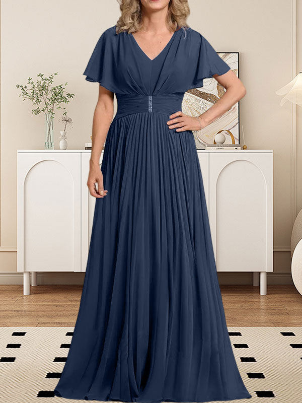 Vestido de gasa para madre de la novia, corte A, escote en V, largo hasta el suelo, con broche de cristal y plisado