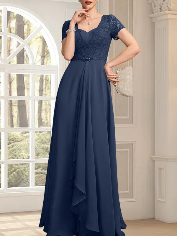 Vestido de madre de la novia de gasa con encaje, corte en A, escote corazón, largo hasta el suelo, con volantes en cascada y cuentas