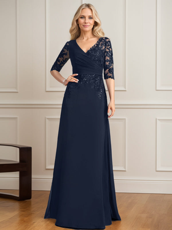Vestido de madre de la novia de gasa con encaje, escote en V y lentejuelas plisadas hasta el suelo