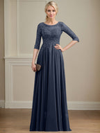Vestido de gasa con encaje y lentejuelas para madre de la novia, corte A, escote ilusión, largo hasta el suelo