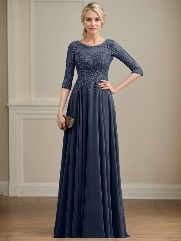 Vestido de gasa con encaje y lentejuelas para madre de la novia, corte A, escote ilusión, largo hasta el suelo