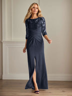 Vestido para madre de la novia de crepé elástico con encaje color ciruela