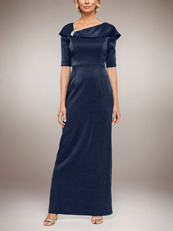 Vestido largo de columna brillante con puños doblados, escote en L y mangas hasta el codo