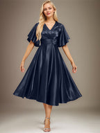 A-Linie V-Ausschnitt Wadenlanges Stretch Satin Kleid für die Brautmutter mit Perlenbesatz Plissee 