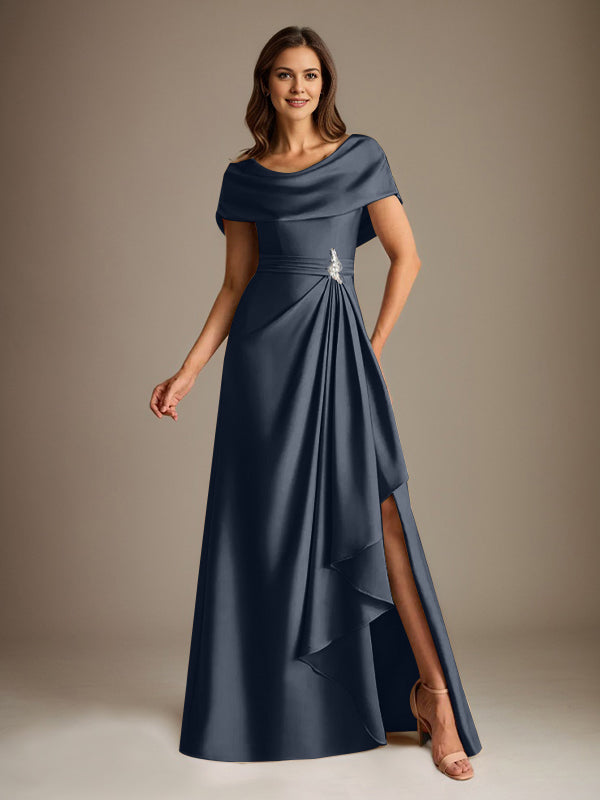 Vestido de madre de la novia de satén elástico, corte A, largo hasta el suelo, con escote redondo y volantes en cascada