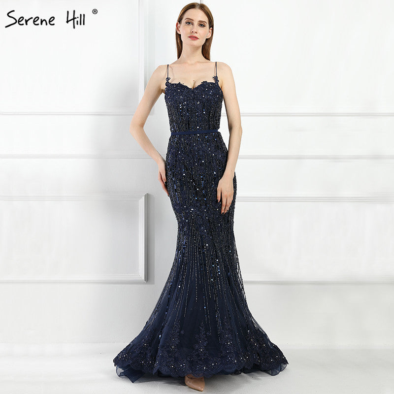 En oferta, sin devolución ni reembolso.Vestido de noche elegante de sirena azul marino de lujo con encaje y tirantes finos y cuentas 2025 para mujer, fiesta LA6105