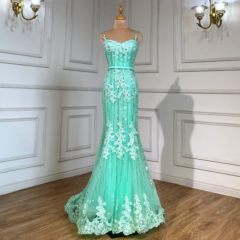 En oferta, sin devolución ni reembolso.Vestido de noche elegante de sirena azul marino de lujo con encaje y tirantes finos y cuentas 2025 para mujer, fiesta LA6105