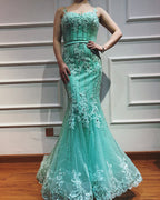 En oferta, sin devolución ni reembolso.Vestido de noche elegante de sirena azul marino de lujo con encaje y tirantes finos y cuentas 2025 para mujer, fiesta LA6105