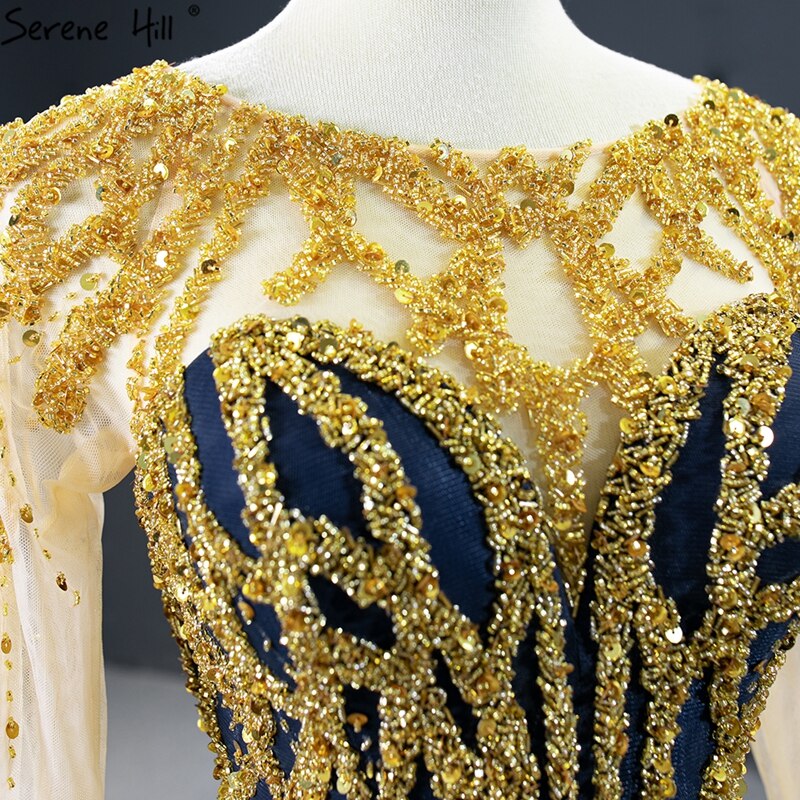 Vestido de noche azul marino de corte sirena, sexy, de alta gama, 2025, manga larga, con cuentas y cordones, vestido formal sexy HM67132 