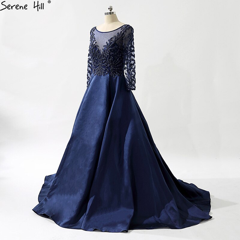 On Sale No Return No Refund Sale Navy Blue Party Dress V-Neck Evening Gowns Satin Crystal Long Sleeve Fashion Formal Evening Dress Real Photo LA6158