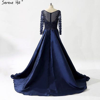 On Sale No Return No Refund Sale Navy Blue Party Dress V-Neck Evening Gowns Satin Crystal Long Sleeve Fashion Formal Evening Dress Real Photo LA6158