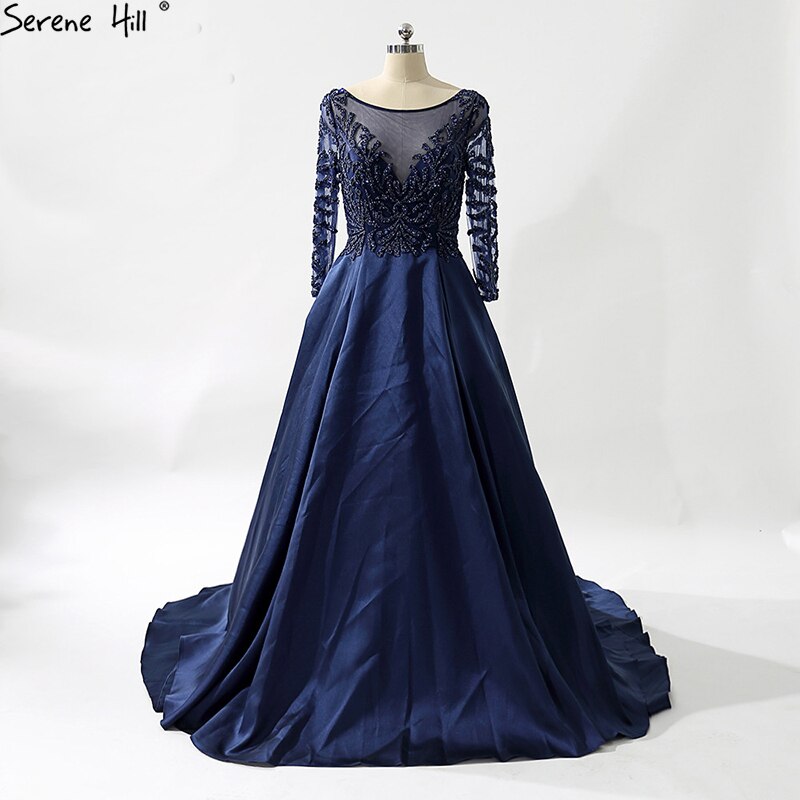 On Sale No Return No Refund Sale Navy Blue Party Dress V-Neck Evening Gowns Satin Crystal Long Sleeve Fashion Formal Evening Dress Real Photo LA6158