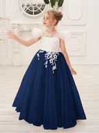 Abnehmbares Blumenmädchenkleid aus Spitze und Tüll mit Schleppe 