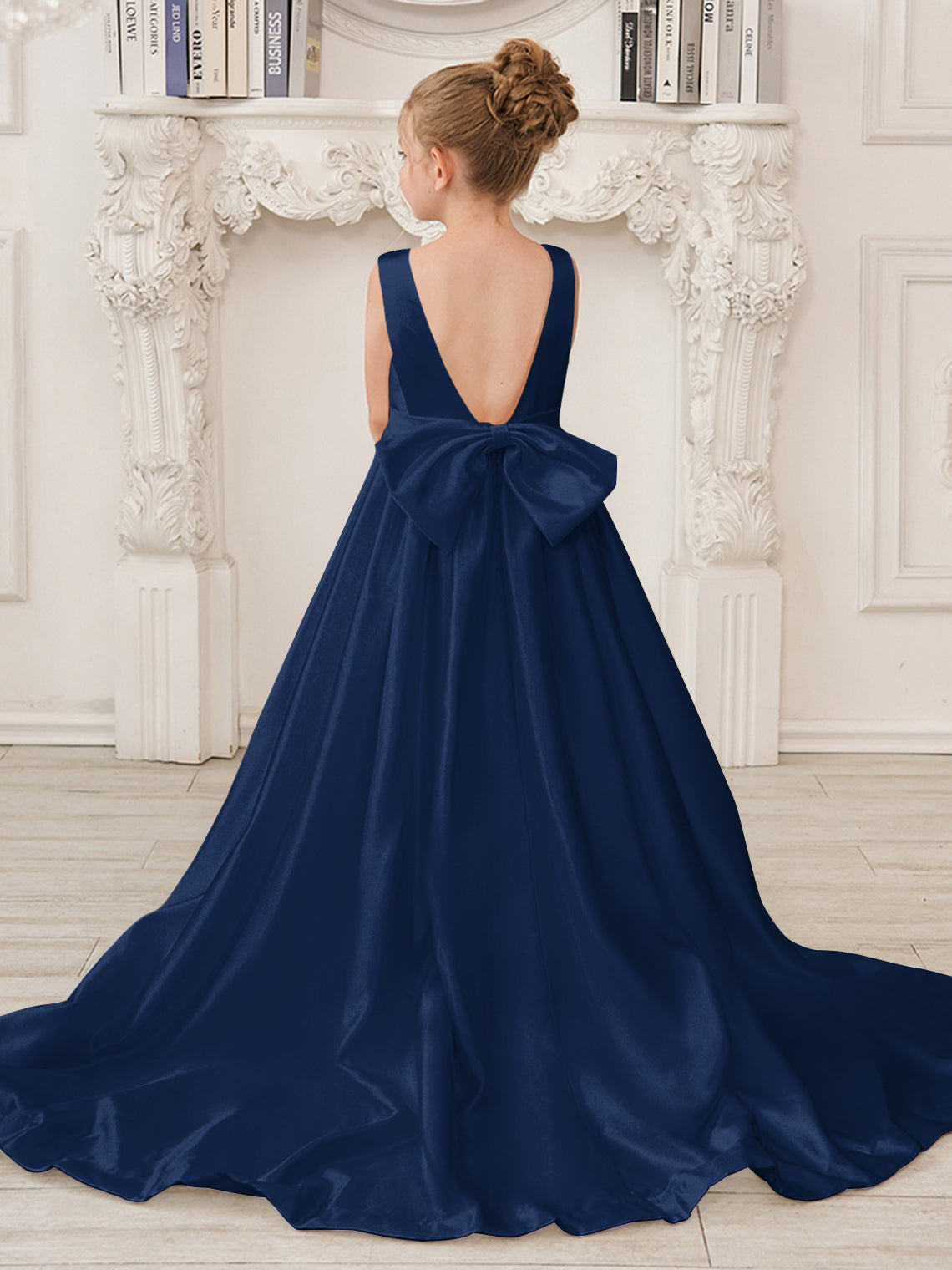 A-Line Princess Sleeveless Satin Flower Girl Dress with Sweep Train and Bow