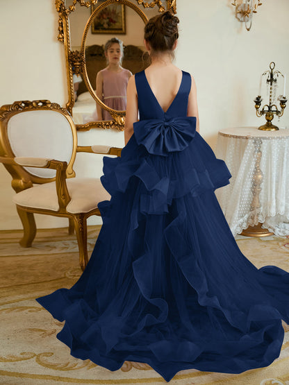 Duchesse-Linie/Princess-Linie Satin Tüll Bodenlang Blumenmädchenkleid 