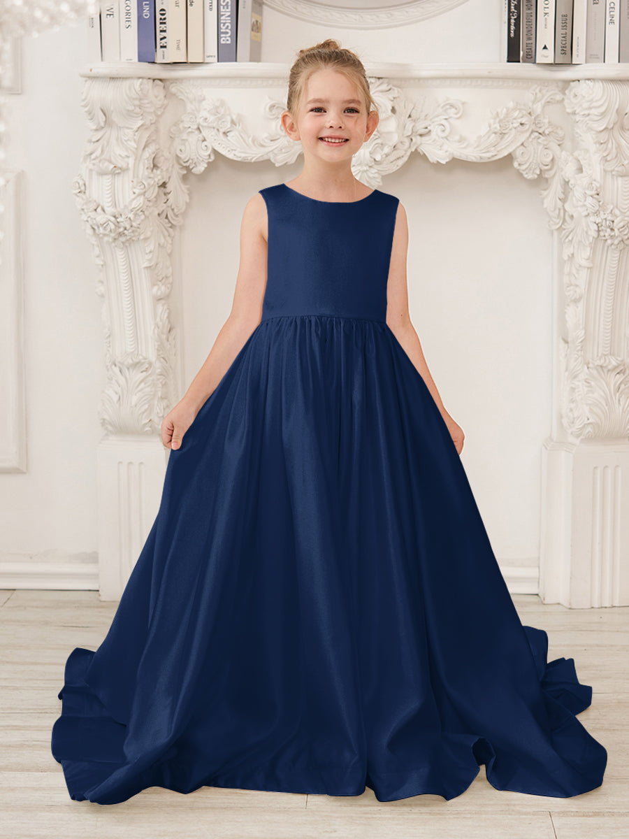 A-Linie Prinzessin Ärmelloses Satin Blumenmädchenkleid mit Schleppe und Schleife 