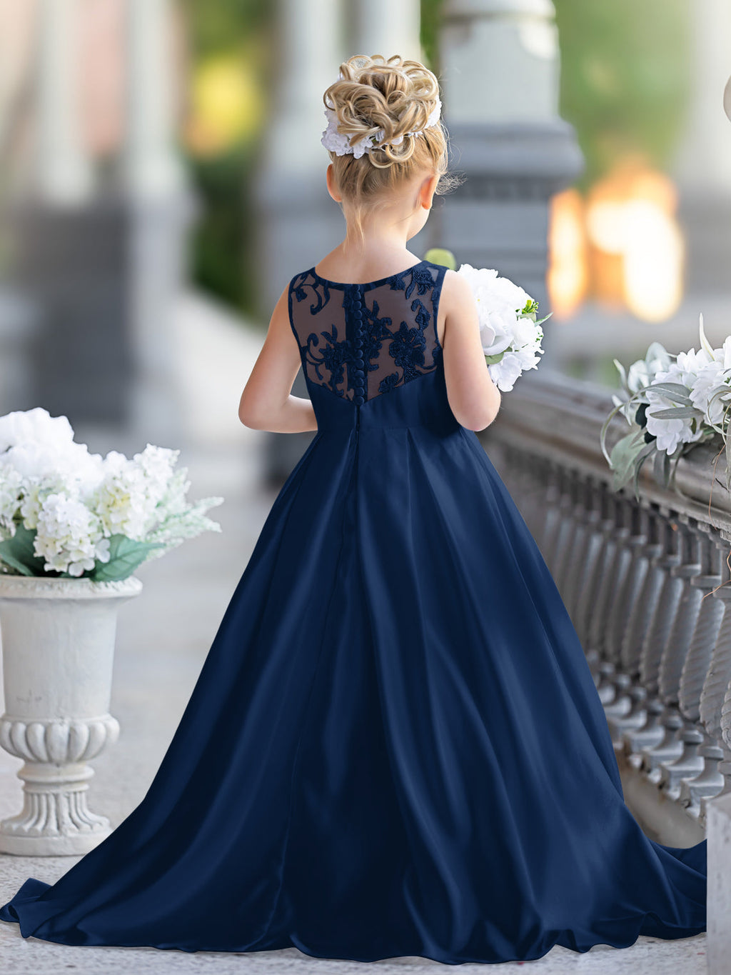 A-Linie Spitze Satin Bodenlang Erstkommunionkleid für Blumenmädchen 