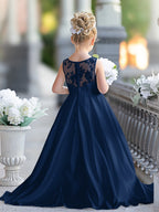 A-Linie Spitze Satin Bodenlang Erstkommunionkleid für Blumenmädchen 