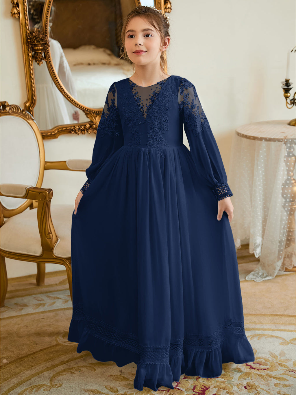 Bodenlanges Chiffon-Kleid in A-Linie und Elfenbein für die Erstkommunion 