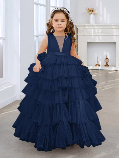 Vestido de fiesta/princesa rosa perla sin mangas con lazo de tul para niña de las flores
