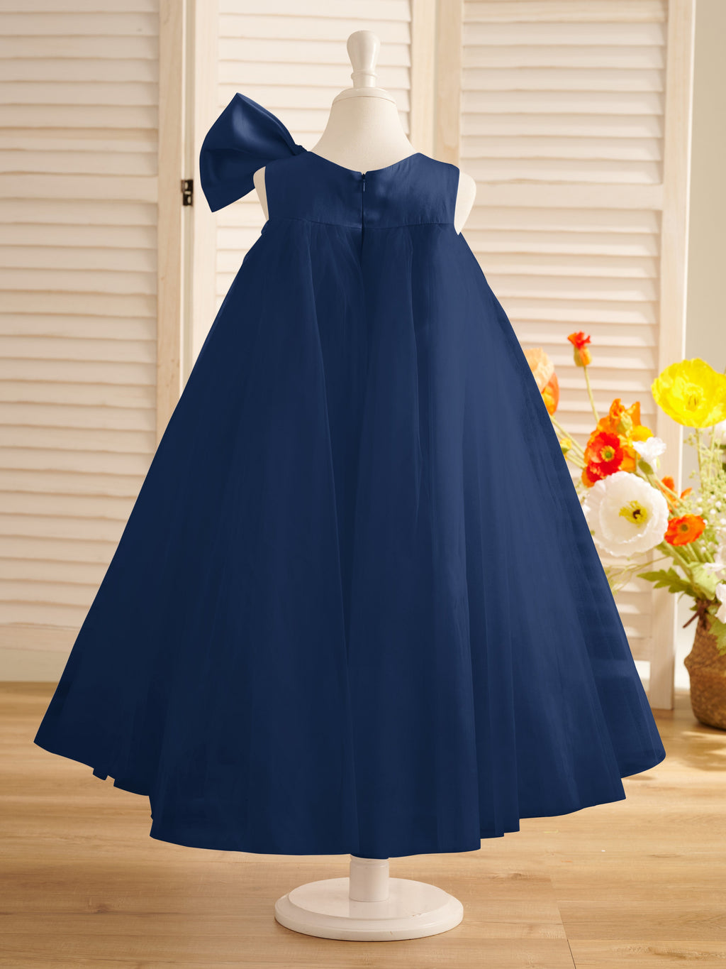A-Linien-Kleid mit großer Schleife und Tüll in Wadenlänge für Blumenmädchen
