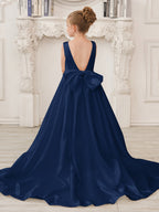 A-Linie Prinzessin Ärmelloses Satin Blumenmädchenkleid mit Schleppe und Schleife 