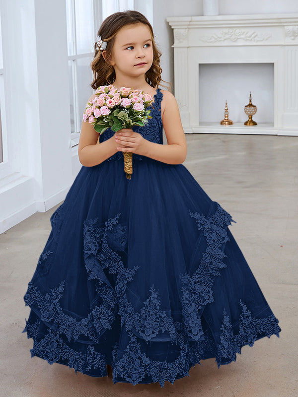 Ärmelloses Prinzessinnen-Tüllkleid mit Spitzenapplikationen und Schleppe für Mädchen 