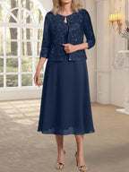 Vestido de gasa con encaje y lentejuelas para madre de la novia, corte A, escote redondo y largo hasta la rodilla
